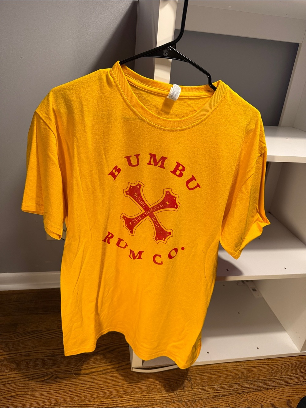 Jerzees Yellow Tee with Red Bumbu Rum Co. Logo